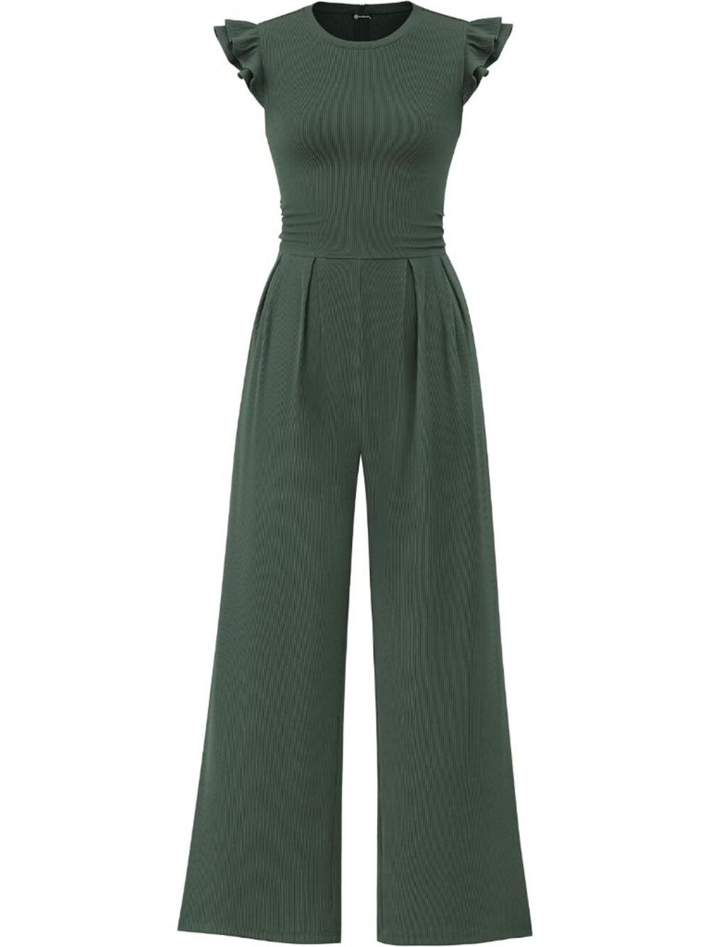 Women's Dark Green Crewneck Jumpsuits Cap Sleeve Ruffle Ribbed Wide Leg Romper